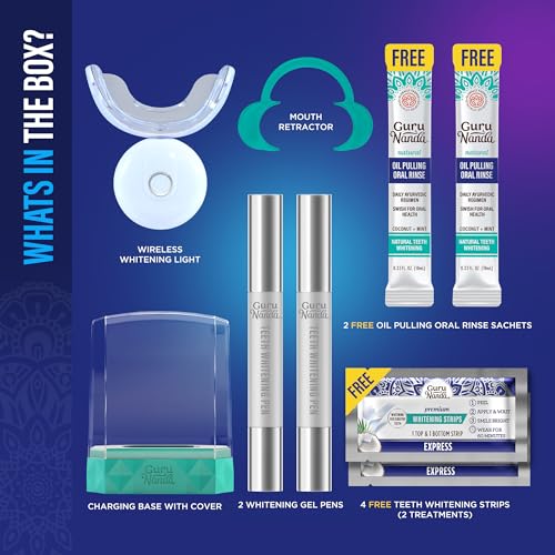 GuruNanda Teeth Whitening Kit - 8% Hydrogen Peroxide Teeth Whitening Gel Pen & Advanced Wireless LED Accelerator Light, Upto 10 Shades Whiter Teeth, Professional Dentist-Inspired System, 40 Treatments