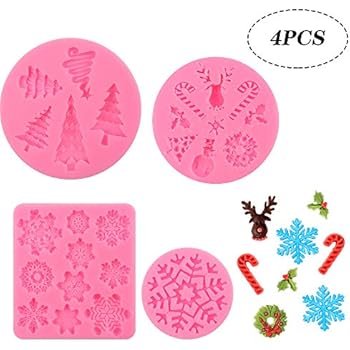 BAKHUK Christmas Fondant Mold Set of 4 Pieces - 3D Snowflake Mold, Christmas Tree, Reindeer, Holly Leaf, Crutches, Snowman, for Fondant Cake Decoration, Birthday Party