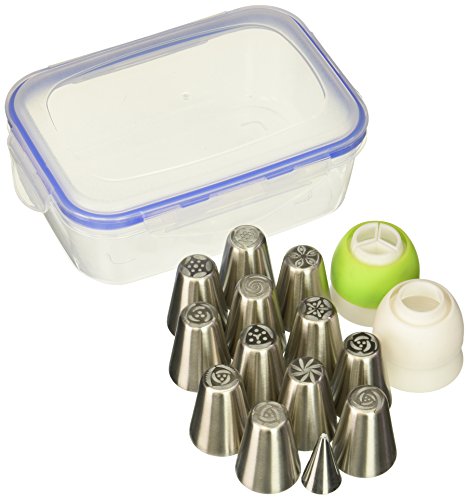 Russian Piping Tips Russian Nozzles for Cake Cupcake Icing Decorating Piping Tips 27-Pcs Russian Tips Set Cake Frosting Tips Kit (12 Russian Piping Tips Leaf Tip 2 Couplers Pastry Bags) Storage Box