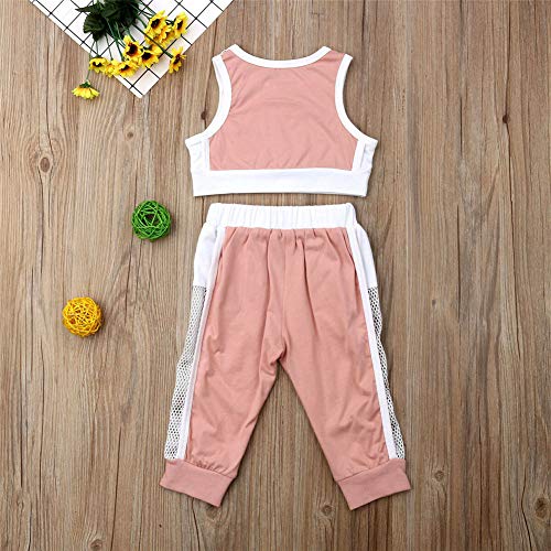 Toddler Baby Girl Solid Mesh Outfits Kids Sleeveless Sport Crop Tops Long Pants with Pocket Tracksuit Clothes (Pink,1-2T)