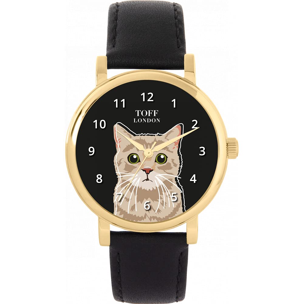 Toff London Ladies Beige Tabby Cat Head Watch