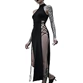 Women Halter Neck Long Dress Sexy High Split Lace Up Cut Out Bodycon Gothic Maxi Dresses