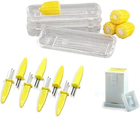 Jumbo Corn Cob Prongs Holders/Skewers,Trays &amp; Butterer Butter Spreader Set for 4