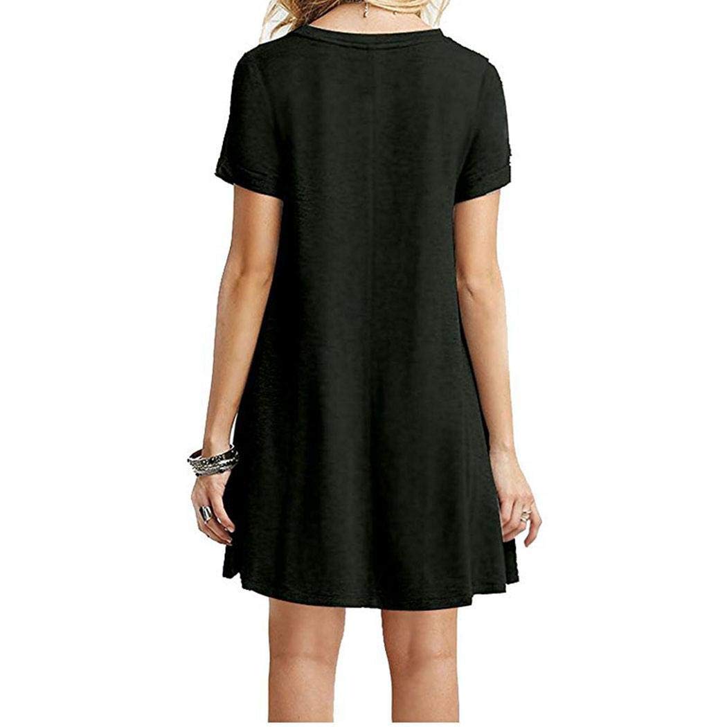 Zippem Women Casual O-Neck Short Sleeve Solid Mini Dress Dresses Black