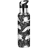 Seamless White Swimming Axolotls, Algae Leaves on Dark Stainless Steel Water Bottle, Leak-Proof Vacuum Hot Cold Insulated Travel Mug, Double Walled with Handle Thermo Cup Bottle 20 Oz