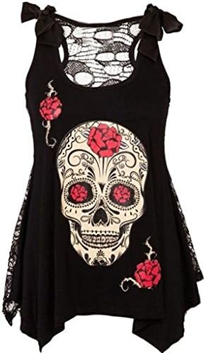 Feel Show Women's Sleeveless Lace Skull Print Tank Top Dress Back See Through Mesh Cami Dress