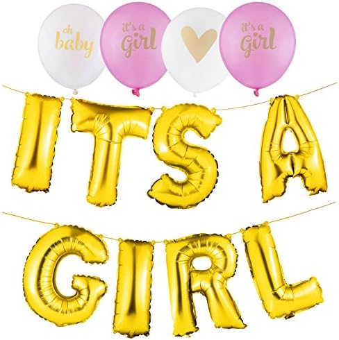 16" Set of Golden ‘ITS A GIRL’ Letters Foil Balloons with Four 12” Shower Balloons (1 oh baby, 2 it’s a Girl &amp; 1 Heart Symbol Latex Shower Balloons) | Party Decorations Alphabetic Balloons (Set of 12)