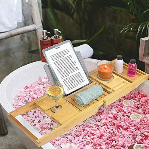 Bathtub Caddy Tray Bath Table with Extending Sides, Bamboo Bath Tub Trays Tablet with Wine and Book Holder , Cell phone Tray and Wine Glass Holder - Thumbnail 4