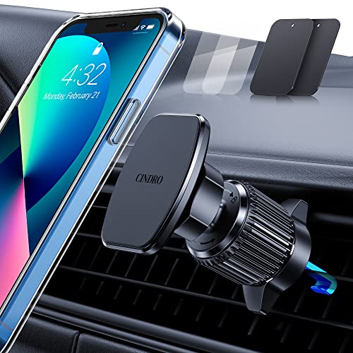 CINDRO Magnetic Phone Mount for Car Phone Holder [Upgraded Metal Hook Clip] Universal Cell Phone Holder for Car Air Vent [6 Super Strong Magnets] Compatible with All Smartphones & Tablets