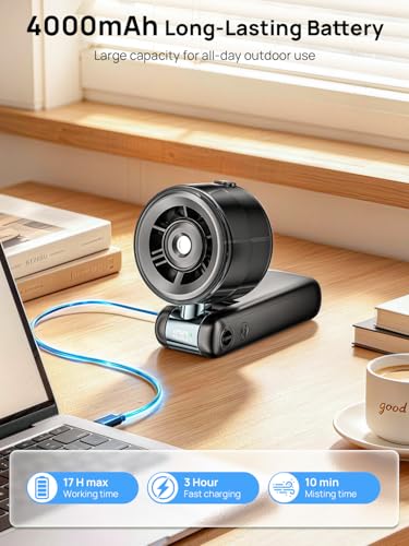 Wrischan Misting Fan Portable, Handheld Turbo Fan with Cool Mist Spray, 4000mAh Rechargeable Personal Fan with 5 Speeds, Water Mister for Summer Travel Beach Camping Office Essentials
