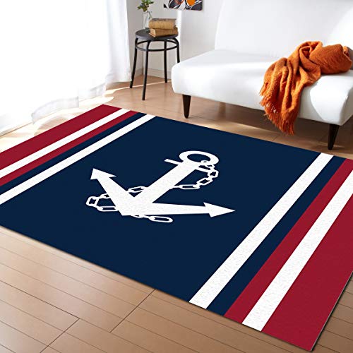 Advancey Indoor High-Low Area Rug 2'x3'Nautical Navy Blue Anchor with Red White Stripe Throw Rugs Runner for Entryway,Bedroom,Living Room