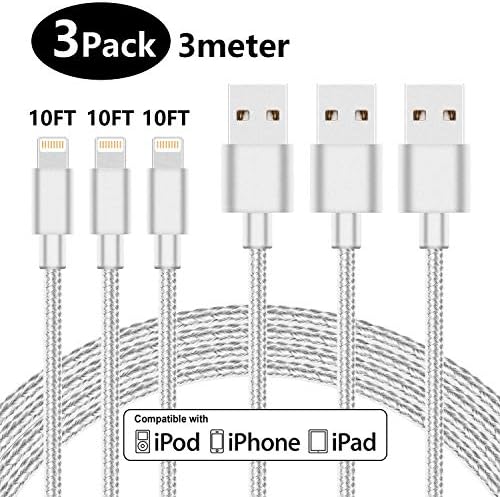 LINKPIN (10ft, 3Pack) Lightning Cable Nylon Braided Sync and Fast Charging Compatible with iPhone iPad iPod, White