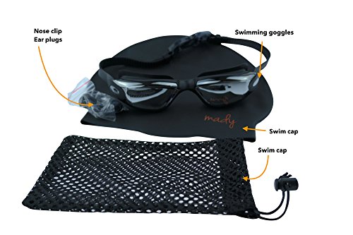 MADY Swimming Goggles, Swim Goggles, Adjustable, No Leaking, Anti Fog, UV Protection, Triathlon, Swim Goggles with Free Swim Cap + Nylon Bag + Nose Clip + Ear Plugs