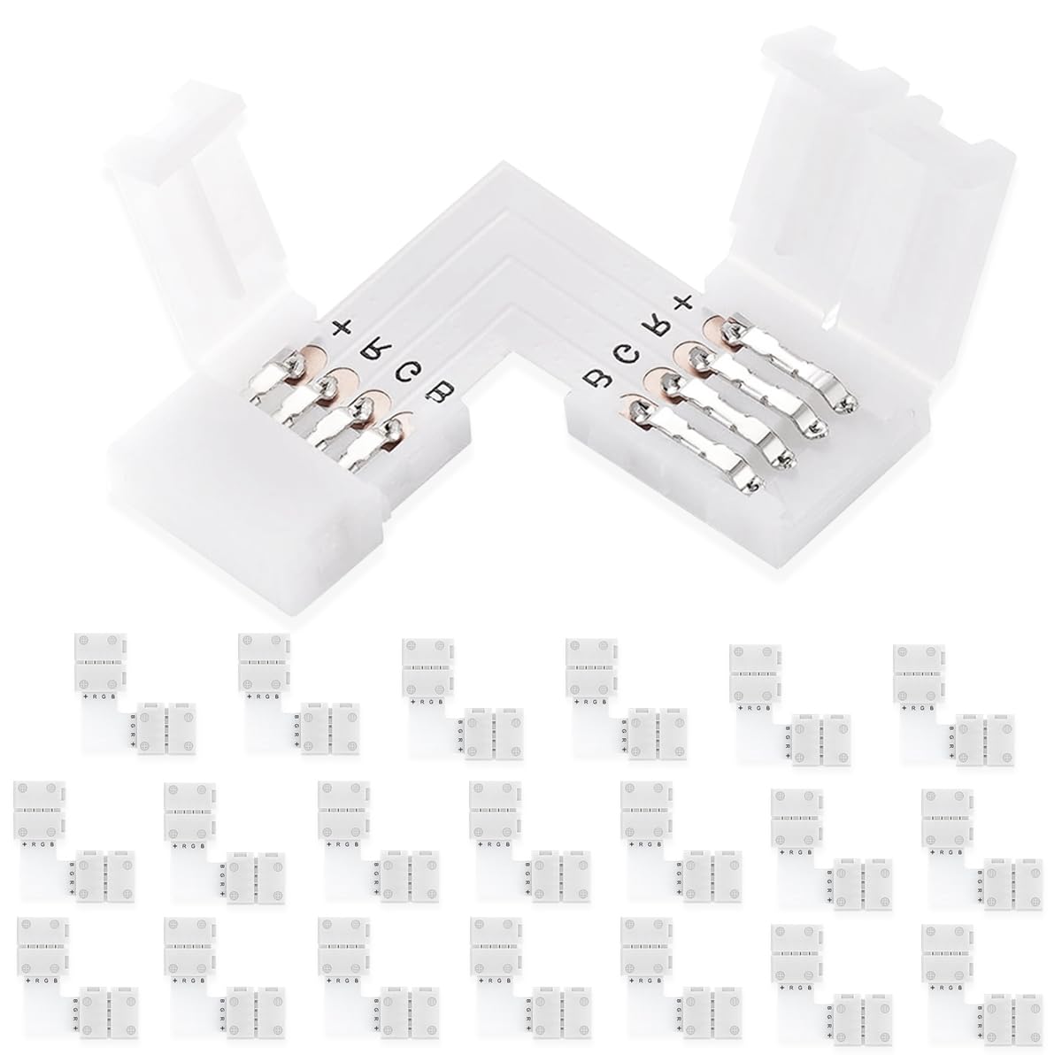 UBRAVE LED Light Connector, 20 Pcs 10mm 4 Pin RGB LED L Shape Connector, RGB Splitter Right Angle Corner Connector, 10mm Gapless Adapter for RGB SMD 5050 RGB Multicolor LED Strip Lights 12V-24V