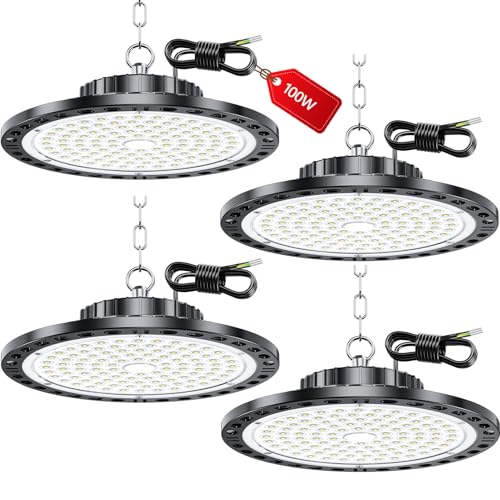 LAMLAMCK Industrial LED Floodlight – 4 Pack 100W 10000LM High Bay Lighting Workshop with Transformer, IP65 Waterproof LED Ceiling Light, 6500k Cool White Lamp Workshop for Garage Factory Shop