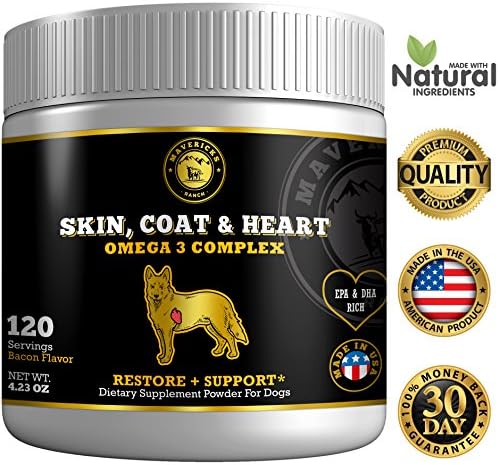 Mavericks Ranch Omega 3 For Dogs | 7 Essential Fats - Canine Omega 3 6 &amp; 9 Fish Oil Supplement | Fur Loss, Dry Itchy Skin &amp; Heart Health | 60-120 Day Supply | 100% Natural &amp; Made in USA