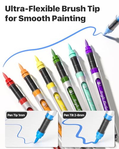 JusArt 48 Colors Acrylic Paint Markers with Canvas Bag, Water-Based No-Bleed Paint Pens with Automatic Ink Control, Waterproof Brush Tip Markers for DIY Art & Crafts -Fabric, Rock, Wood, Glass, Metal