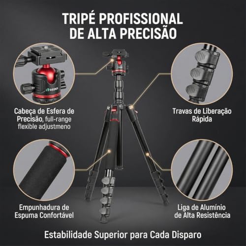 Tripé para câmera de 2 metros, equipado com cabeça esférica de 360°, com capacidade para 5 kg, inclui suporte para celular; tripé leve para viagens e atividades ao ar livre