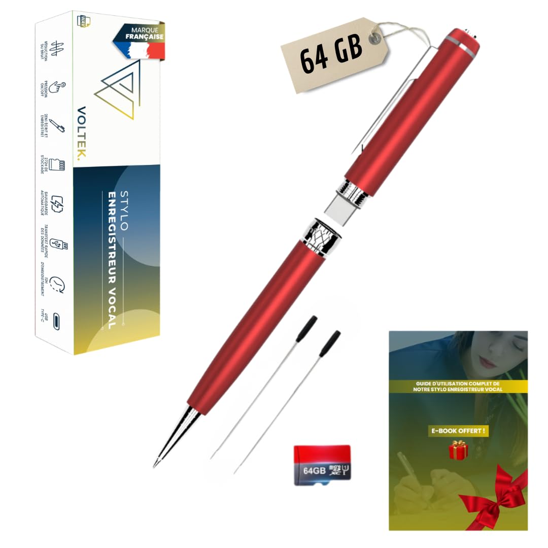 VOLTEK 64GB Micro Spy Audio Recorder Pen (RED) - USB 3.0 Type C - Capture Voice with Voice Dictaphones Mini Recorder for Meetings Conferences Journalist - FREE E-Book Included