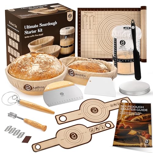 Sourdough Starter Kit with 10" Round & 11" Oval Banneton Proofing Basket and 34oz Starter Jar - Beginner-Friendly Sourdough Bread Baking Supplies and Baking Gifts for Women, Men, and Bread Bakers