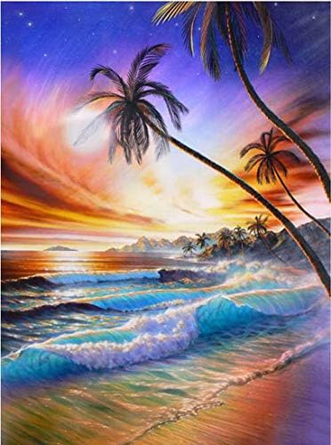 Adults' Paint by Number Kits for Full Drill DIY 5D Diamond Painting,Crystal Rhinestone Diamond Embroidery Pictures Arts Craft for Home Wall Decor,Sunset Coconut Trees on The Beach