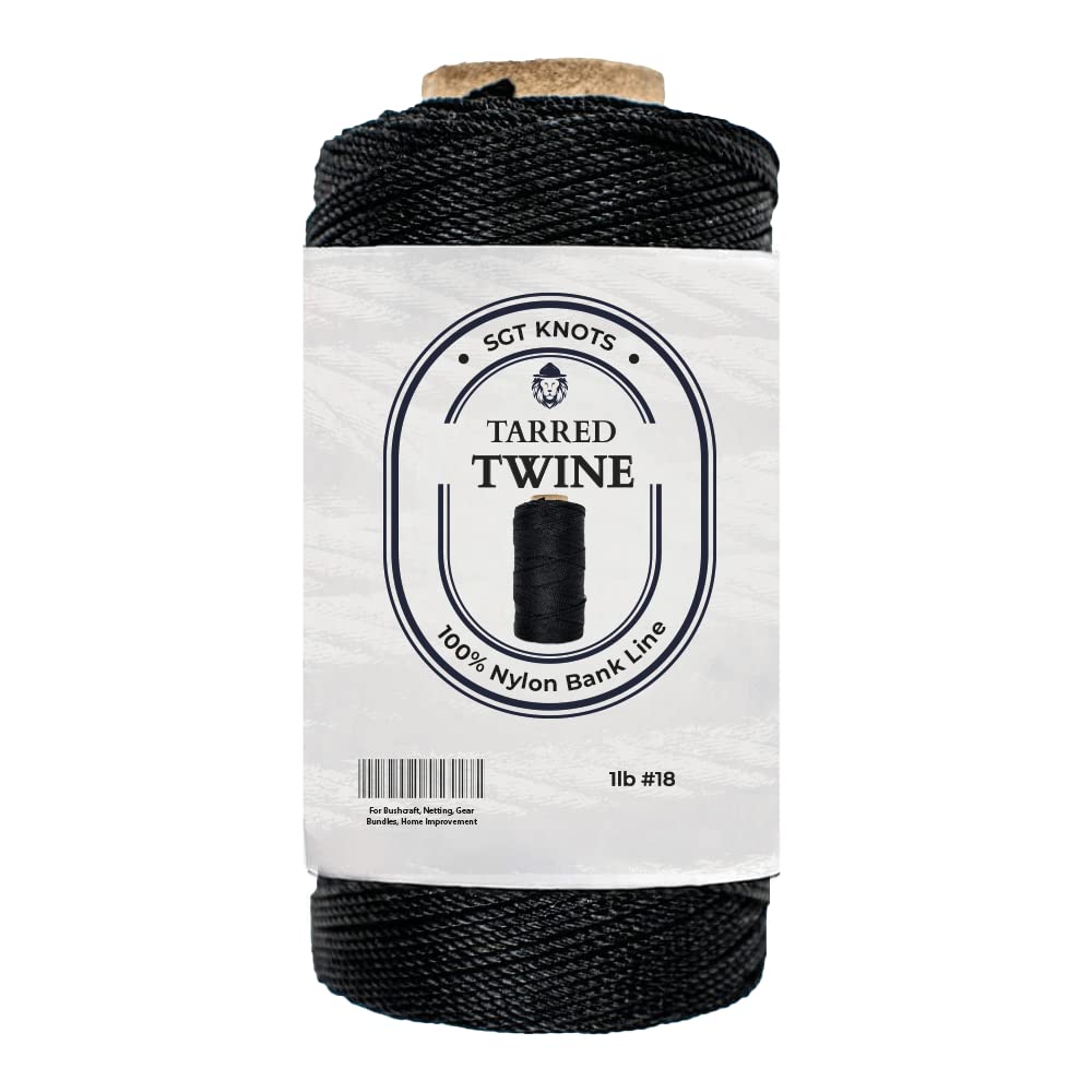 SGT KNOTS Tarred Twine - 100% Nylon Bank Line for Bushcraft, Netting, Gear Bundles, Construction, Lacing Twisted Cord, Weatherproof #18-1 lb
