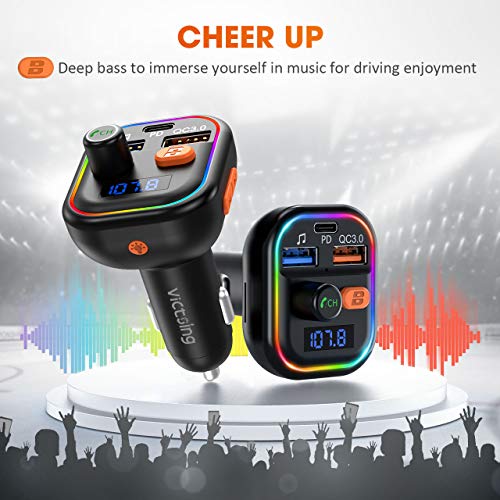 VicTsing Bluetooth FM Transmitter for Car, 41W PD & QC3.0, Car Radio Audio Adapter, RGB Backlight/Deep Bass/ BT5.0, U Disk/TF Card Music Play, Hands-free Support Siri Google-Assistant