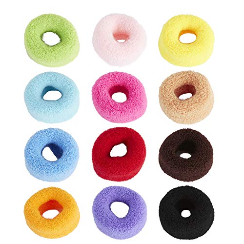 12 Pack Terry Cloth Cotton Elastic Stretchy Fuzzy Wide Thick Hair Ties Scrunchies Bobbie Ties Ring Loop No Crease Seamless Hair Rubber Band Ponytail Holder Hair Accessories for Women Girl