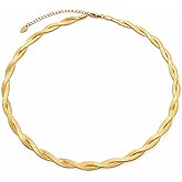 ALHIARA 18K Gold Plated Twisted Herringbone Necklace for Women, Stainless Steel, 16"+2" Adjustable, Waterproof & Sweatproof, Hypoallergenic Minimalist Chain Jewelry