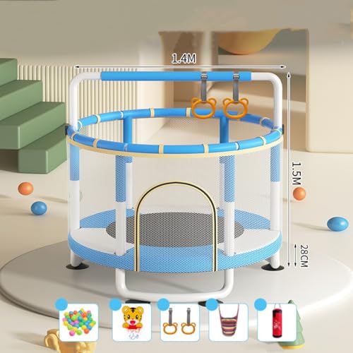 AM ANNA Kids Trampoline with Safety Net, 140 cm, 3-Height Adjustable Bar, Indoor/Outdoor, Multi-Toy Bundle