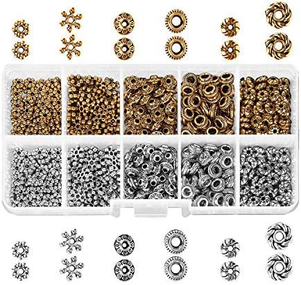 600 pcs Spacer Beads Box Kit Jewelry Findings Beading, Antique Tibetan Silver Bronze Assortment Accessories DIY for Bracelet Necklace Jewelry Making