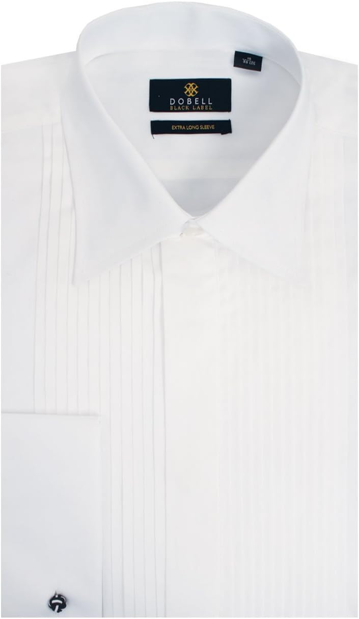 Mens White Dress Shirt Slim Fit 100% Cotton Standard Collar Double Cuff Pleated Fly Front Extra Long Sleeve