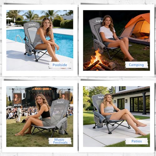 SUNNYFEEL Folding Low Camping Beach Chair 2 Pack, Lightweight Portable Lawn Chair with Mesh Back, Cup Holder for Outdoor/Travel/Picnic/Concert, Foldable Camp Backpack Chair with Carry Bag
