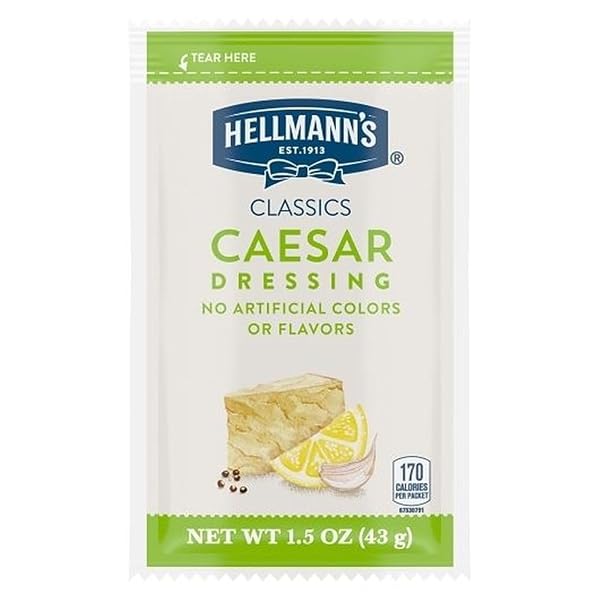 HELLMANN’S CLASSICS CAESAR SALAD DRESSING PORTION CONTROL SACHETS GLUTEN FREE, NO ARTIFICIAL FLAVORS, COLORS OR HIGH FRUCTOSE CORN SYRUP, 1.5 OZ, PACK OF 102