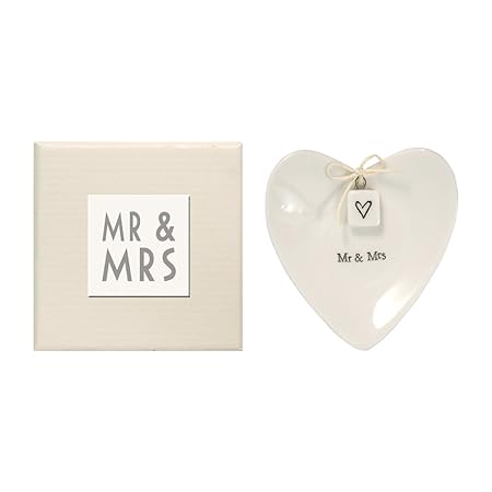 Herzförmige Schale zur Ringablage mit Aufschrift Mr & Mrs von East of India, mit Geschenk-Box, Porzellan