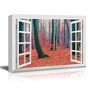 White Window Looking Out Into a Forest During Fall Time