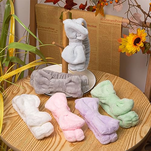 Shindel 6PCS Makeup Headbands for Women, Spa Headband Bow Tie Hair Band Coral Fleece Head Wraps for Washing Face Skincare Shower Sports Yoga 6 Assorted Colors