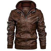 Ankepwj Leather Jacket Casual Motorcycle Removable Hood Pu Leather Jacket (Brown, XL)