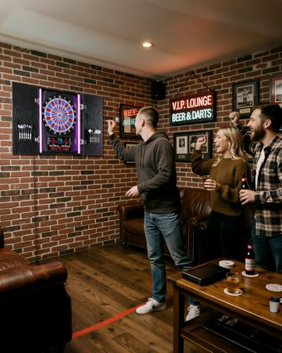 Yirinatek Electronic Dart Set, [12 x Bronze Darts] Electronic Dartboard, Rustic Wooden Door Cabinet, 8 Colours LED Display, Dart Games for Home & Bar
