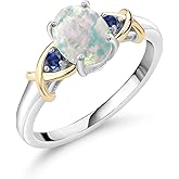 Gem Stone King 1.09 Cttw Oval Cabochon White Simulated Opal and Blue Created Sapphire 925 Silver and 10K Yellow Gold Engagement Ring For Women | Gemstone Birthstone