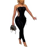 WOKANSE Women's Sexy Side Lace Up Bodycon Ruched Off Shoulder Tube Top Jumpsuit Romper One Piece Club Outfit