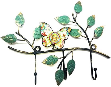 JMM Decorative Metal Key Rack Wall-Mounted Key Holder/Hook Hanging Storage for Entrance Door,With 3 Heavy Duty Hooks,Black (Yellow Butterfly and Tree leaves)