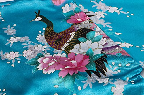 Yukata Women's Short Kimono Robe, Peacock&Blossom Design, Blue XL