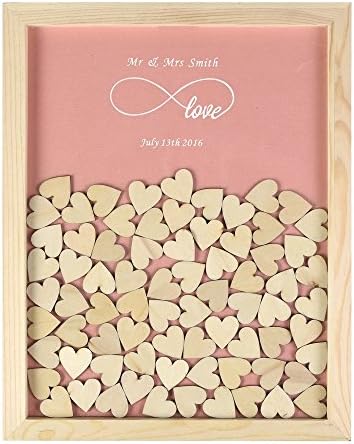 Customized Engraved Personalized Wedding Even Infinity Love Rustic Drop Top Wooden Frame Wedding Guest Book With 130 Small Wood Hearts (Pearl Pink).