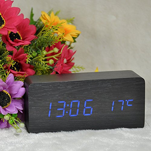 KABB Digital Clock, Wooden Alarm Clock, LED Desk Shelf Clock with Triple Alarms Calender Temperature Display and Voice Control Travel Clock for Office Home Decor (6 Inches)