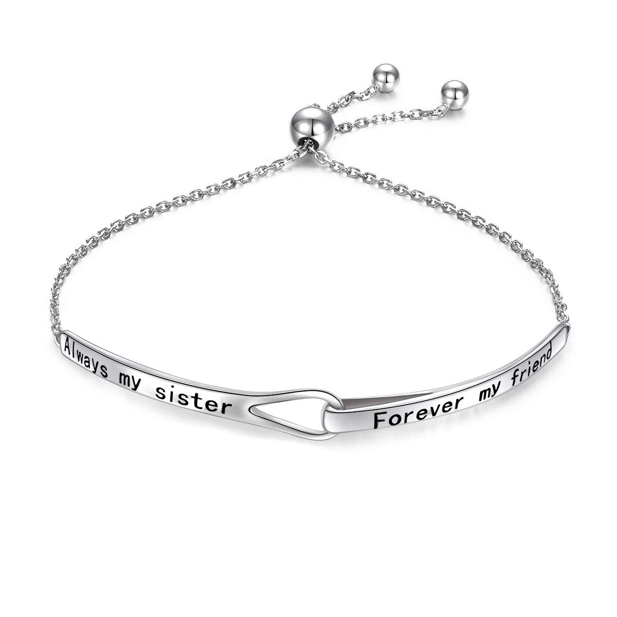 Flyow Sterling Silver Always My Sister Forever My Friend Inspirational Adjustable Infinity Bracelet Friendship Jewelry for Women Girls Sister Mother Daughter