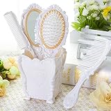 Dolovemk Girls Hair Brushed and Comb Mirror Set with Storage Holder, Classical Vintage Princess Style for Hair Makeup Dressing (White)