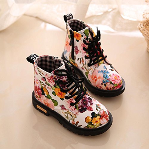 Digood Toddler Baby Kids Girls Boys Fashion Floral Lace-Up Shoes Martin Boots Casual Children Boots (2-2.5 Years Old, White)