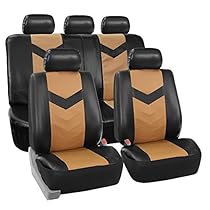 LIMITED TIME ONLY 30% off - FH GROUP PU021115 Synthetic Leather Full Set Auto Seat Covers + FREE GIFT, Tan / Black Color - Fit Most Car, Truck, Suv, or Van