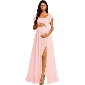 Ruffle Sleeve Maternity Baby Shower Dress for Photoshoot Chiffon Long Slit | Flowy Chiffon Maternity Bridesmaid Dress Square
